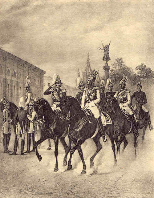 Emperor Nicholas I and the Heir Apparent, Grand Duke Alexander (later Emperor Alexander II) riding round the Horse Guards' regimental barracks