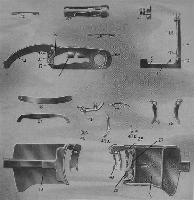 PLATE 4.— Gun Parts: Feed Mechanism, Bolt, Extractors and Ejector